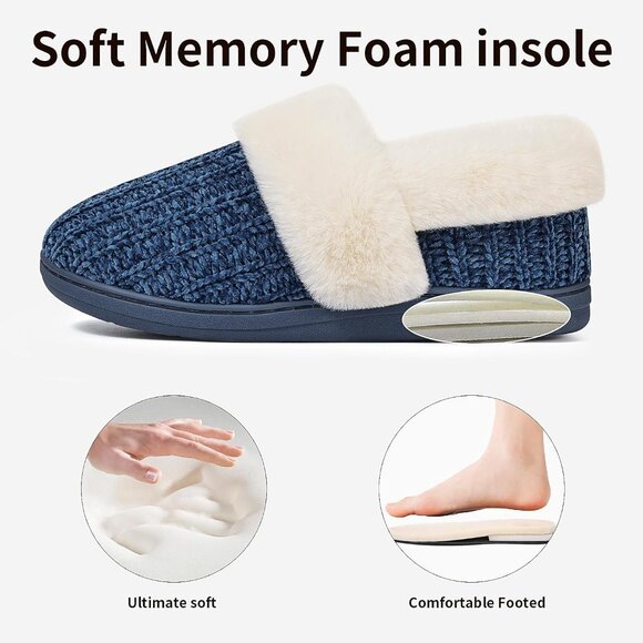 ⚡Women's Blue Fuzzy Memory Foam Slippers Closed Back Knit Slip-On House Shoes - Picture 3 of 5